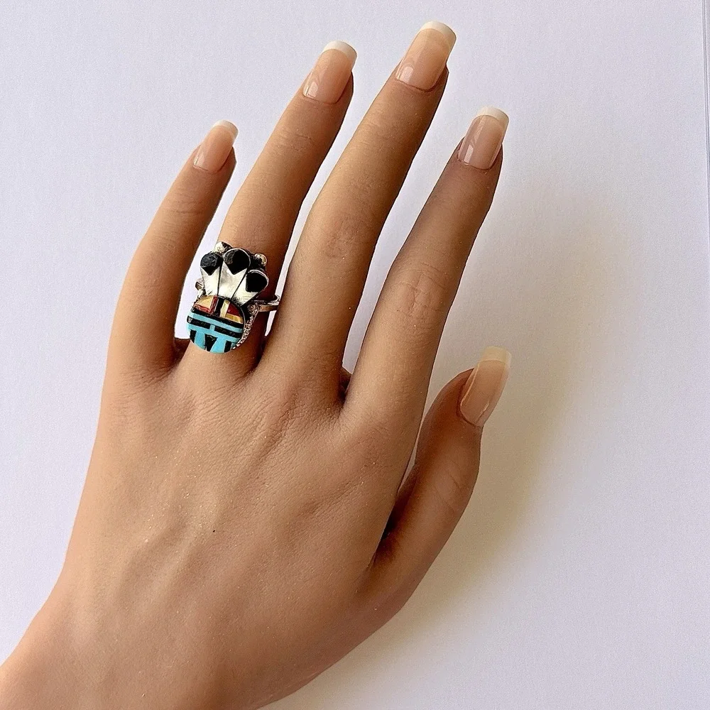 Zuni Sunface Turquoise Ring Sz 7 Headdress Native American Sterling Handmade